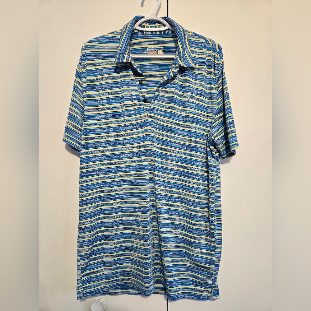Puma Men's Blue & Yellow Striped Polo Golf Shirt